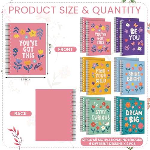 Gueevin 12 Pack Motivational Spiral Notebooks Bulk A5 Lined Floral Inspirational Journal with 50 Sheets Aesthetic Positive Affirmations Gifts Stationery for School Office Daily Work