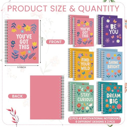Gueevin 12 Pack Motivational Spiral Notebooks Bulk A5 Lined Floral Inspirational Journal with 50 Sheets Aesthetic Positive Affirmations Gifts Stationery for School Office Daily Work
