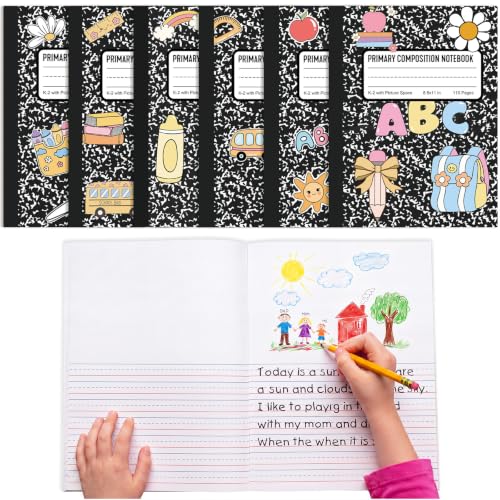 Gueevin 6 Pack Black Marble Primary Composition Notebook with Picture Space Bulk for Grades K-2 110 Page 8.5 X11'' Half Primary Journal K-2 Drawing Story for Back to School First Day of School - style: Marble
