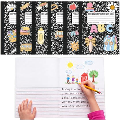 Gueevin 6 Pack Black Marble Primary Composition Notebook with Picture Space Bulk for Grades K-2 110 Page 8.5 X11'' Half Primary Journal K-2 Drawing Story for Back to School First Day of School - style: Marble