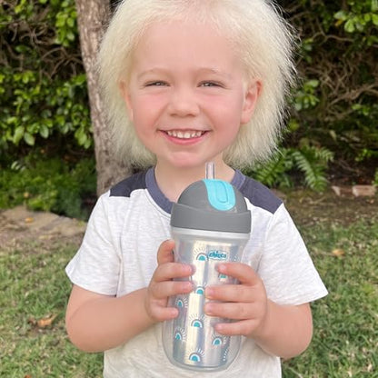 Chicco Insulated Straw Sippy Cup 12+ Months, 9oz Toddler Training Cup with Spill-Free Flip-Top Lid, BPA-Free 2-Pack, Silver/Blue Sunburst - color: Sunburst Silver/Blue, size: 9 Ounces