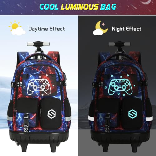 Scothen Rolling Backpack for Boys, Cool Luminous Gamer Roller School Backpacks for Boys with Lunch Bag and Pencil Pouch, Kids Backpack Bookbag with Wheels for Kindergarten Elementary Middle School - color: Cool Red Blue