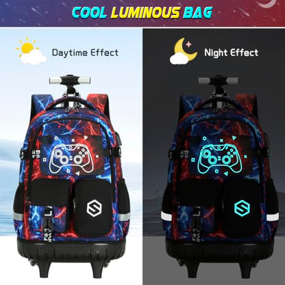 Scothen Rolling Backpack for Boys, Cool Luminous Gamer Roller School Backpacks for Boys with Lunch Bag and Pencil Pouch, Kids Backpack Bookbag with Wheels for Kindergarten Elementary Middle School - color: Cool Red Blue