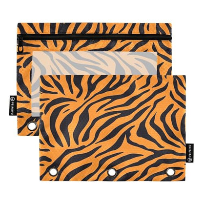 2 Pack 3 Ring Binder Pencil Pouch Tiger Print Pencil Case Pencil Bags with Zipper, Clear PVC Binder Pockets for Office Daily Supplies - color: Color 5