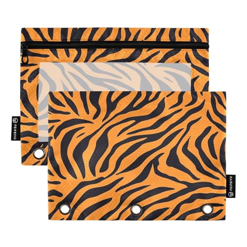 2 Pack 3 Ring Binder Pencil Pouch Tiger Print Pencil Case Pencil Bags with Zipper, Clear PVC Binder Pockets for Office Daily Supplies - color: Color 5