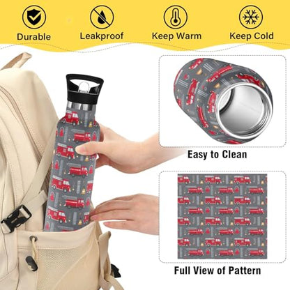 Sport Water Bottle 20 oz Red Fire Truck Kids Stainless Steel Vacuum Insulated Water Flask for Gym School - color: Red Fire Truck