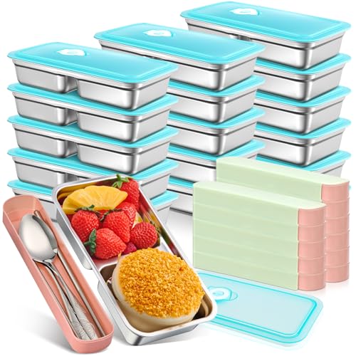 Vesici 12 Pack Stainless Steel Bento Boxes with Tableware Set 15 oz 2 Compartments Snack Box Containers with Leakproof Lids, Divided Meal Prep Lunch Box Food Container Dishwasher Safe - style: 2 Compartments