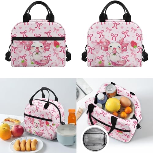 Custom Name Cute Girls Bookbag, Pink Ribbon Bow Axolotl Strawberry 3-Piece Matching Backpack Lunchbox Pouch for Little Kids, Personalized Student Supplies - color: Pink Bows-axolotl Strawberry Name