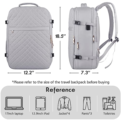 MOMUVO Large Travel Backpack Women, Flight Approved Carry On Backpack, Water Resistant Anti-Theft Large Casual Daypack Fit 17 Inch Laptop with USB Charging Port, Grey - color: Grey, size: 17.3 inch
