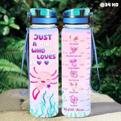 34HD Axolotl Gifts for Girls, 32 oz Water Bottle with Times to Drink, Motivational Tritan Frosted Water Bottle with Strap, Perfect Valentine Day or Birthday Present for Him Her - color: Axolotl Lovers