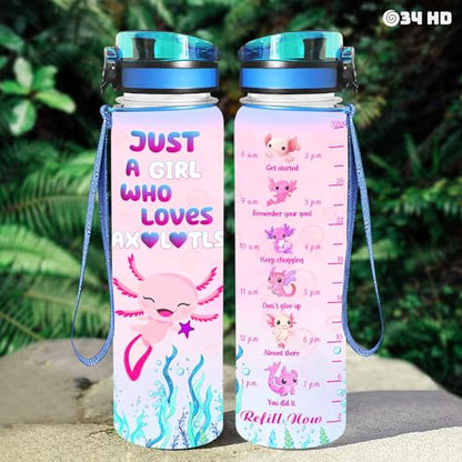 34HD Axolotl Gifts for Girls, 32 oz Water Bottle with Times to Drink, Motivational Tritan Frosted Water Bottle with Strap, Perfect Valentine Day or Birthday Present for Him Her - color: Axolotl Lovers