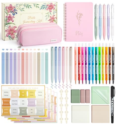 59Pcs Bible Study Supplies, Bible Journaling Kit for Women, Pink Pencil Case, 12 Pastel No Bleed Highlighters and 6 Colored Pens, Bible Tabs and More, Book Annotation Kit for Women & Men (Pink) - color: 59pcs-pink