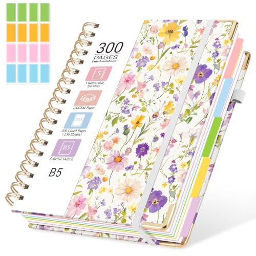Hardcover Spiral Journal Notebook, 300 Pages 5 Subject Notebook College Ruled with Removable Dividers Tabs, 8" x 10" Notebooks for Work, Spiral Ruled Lined Writing Journal Hardcover Leather Notebook for School (Colorful Floral, 8''x 10'') - color: Colorfu