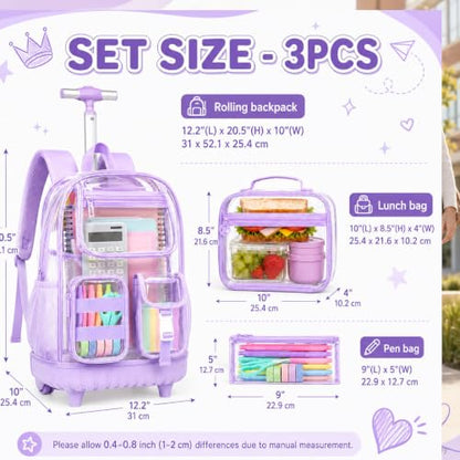 WZLVO Clear Backpack Rolling Backpack for Girls Women, Heavy Duty PVC Transparent Bookbag, See Through Wheeled Backpacks Set for Teens Elementary Travel - Purple - color: Purple