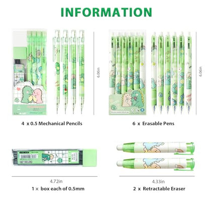 Cute Green Dinosaurs School Supplies,Kawaii Stationery Birthday Gifts,Includes Dinosaurs Erasable Gel Pens,Dinosaurs Mechanical Pencils,Lead Refills,Erasers,for Office School Supplies Women Men - style: dinosaurs