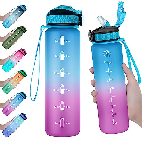 EYQ 32 oz Water Bottle with Time Marker, Carry Strap, Leak-Proof Tritan BPA-Free, Ensure You Drink Enough Water for Fitness, Gym, Camping, Outdoor Sports - color: 1.Blue/Purple Gradient