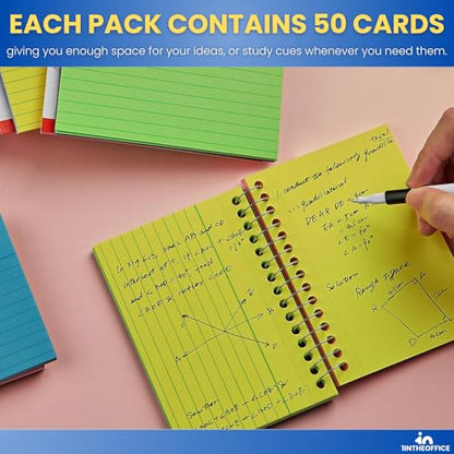 1InTheOffice Spiral Index Cards 3x5 Ruled, Neon Note Cards Spiral Bound, Spiral Bound Index Cards, 50 Cards/Pack, 2 Pack