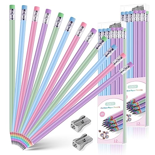 Ainiv 24PCS Eco-friendly Wood & Plastic Free Recycled Rainbow Paper Pencils #2 HB Pencils Number 2 Pencils Erasers Toppers with 2 Pencil Sharpener, Macaron Colored Pencils for School Office Supplies - color: Rainbow, style: 24 COUNT