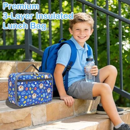 FlowFly Kids Lunch box Insulated Soft Bag Mini Cooler Back to School Thermal Meal Tote Kit for Girls, Boys,football - color: Football#Navy