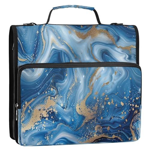 Binder Organizer, Blue Gold Marble 1.5" 3-Ring Zipper Binder with Shoulder Strap & Handle, Water-Resistant Trapper Keeper with Multi-Compartment for School & Office