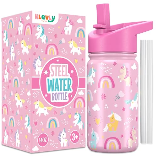 Klevly Stainless Steel 14 OZ Kids Water Bottle with Straw | BPA-Free Insulated Water Bottle with Leak-Proof Lid | Unicorn Kids Water Bottle for School - color: Unicorn
