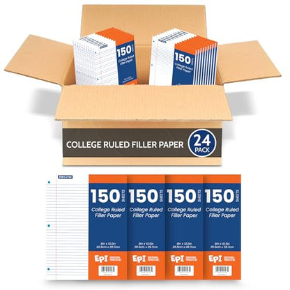 EPI Filler Paper | College Ruled | Loose Leaf, 3-Hole Punched, 10.5 x 8 in, 150 Sheets | School, Office, Notes, Binder Refill - 24 Pack - color: College Ruled, size: 24 Pack