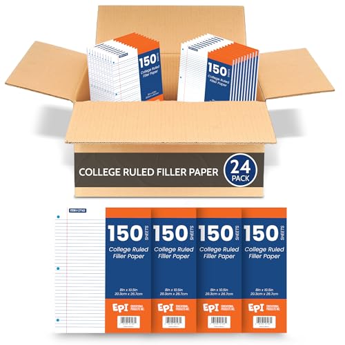 EPI Filler Paper | College Ruled | Loose Leaf, 3-Hole Punched, 10.5 x 8 in, 150 Sheets | School, Office, Notes, Binder Refill - 24 Pack - color: College Ruled, size: 24 Pack