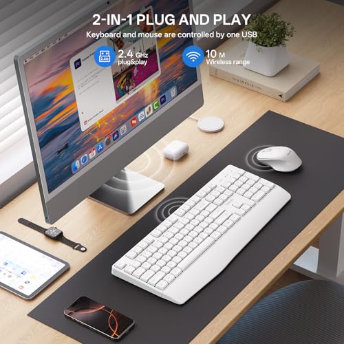PHILIPS Wireless Keyboard and Mouse Combo-Ergonomic Keyboard and Mouse Wireless Combo with Silent Design,Plug n' Play,Sleep Mode and 2.4GHz Keyboard for Mac, Windows, Laptop-White - color: White