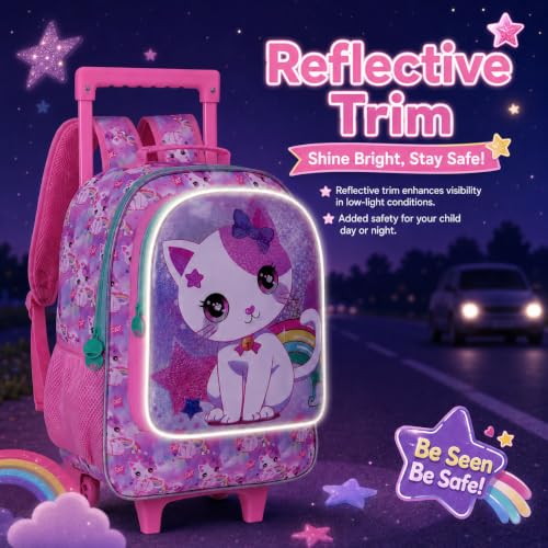 gxtvo Girls Rolling Backpack, Cute Cat Roller Wheels Kids Bookbag - Wheeled Elementary School Bag - 3PCS Cat - color: Uv Printing White Cat Rolling Backpack