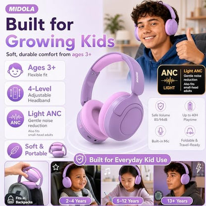 MIDOLA Kids Bluetooth Headphones Active Noise Cancelling Lightweight Wireless Headphone for Kid Volume Limited 85/94dB Foldable Over-Ear with Mic,68 Hours Playtime,for Toddler Child Lavender Purple - color: Lavender Purple