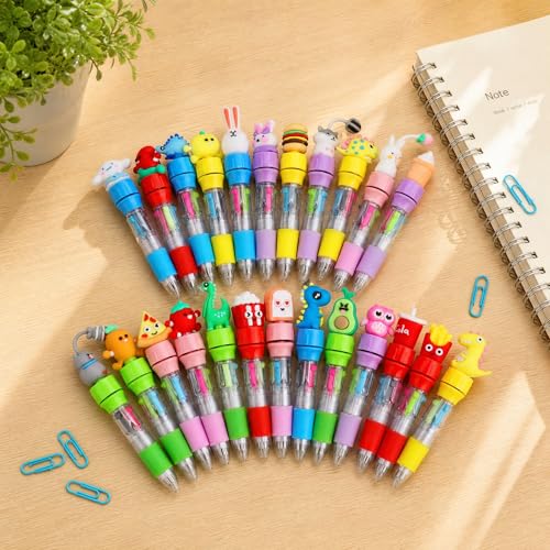 Ddaowanx 12 Pcs Mini Ballpoint Pens for Kids Party Favors,4-in-1 Multicolor Pens with Kawaii Rotate Pen Top–Birthday,End of School Year Gifts,Classroom Prizes,Stocking Stuffers,Teacher Supplies - color: 12Pcs-Cute