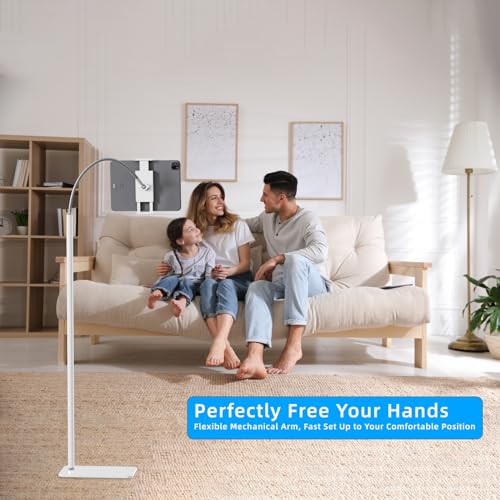 Tablet Floor Stand Holder with Flexible Gooseneck and Stable Base, Compatible with Tablet and Cell Phones (3.5''-9.7''), White - color: WHITE