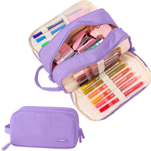 3 Compartment Pencil Case, Extra Large Capacity School Supplies Pencil bag with Easy Handle, Soft Corduroy Pencil Pouch, Aesthetic Supply Pen Case Bag Organizer For Teen Girls College (Purple) - color: Purple
