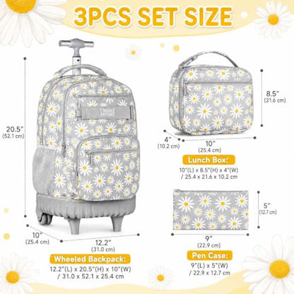 AGSDON Rolling Backpack for Girls, Women Roller Wheels Bookbag, Laptop Daisy Wheeled School Bag with Wheels for Teens - color: Daisy Grey