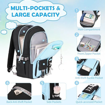 ACESAK Kids School Backpack for Girls, 4-In-1 Bookbag Backpack Set with 14OZ Insulated Kids Water Bottle, Lunch Bag Set for Girls Kid Teens Middle School Student, Girl Backpack for Schools - color: Black-blue