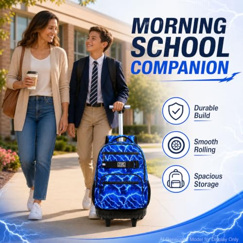 AGSDON Dynamic Lightning Men Rolling Backpack with Wheels Set – 20” Roller Bookbag for Boys with Matching Lunch Box for Travel, Commute & School | Water-Resistant Fashion Wheeled Organizer in Blue - color: Rolling Backpack Set - Lightning Blue