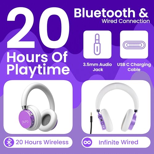 Puro Sound Labs Kids Wireless Headphones – Volume-Limiting 85dB, Built-in Mic, Studio-Grade Sound, 20-Hour Battery Life, Comfortable & Easy to Connect Kids Bluetooth Headphones – BT2200 Plus, Purple - color: Purple