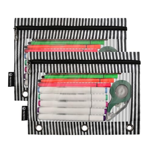 Gredecor 3 Ring Binder Pencil Pouch, Black and White Line Zippered Pen Case Pouches with Clear Window, 2 Pack Stylish Office & School Supplie - color: Black and White Line
