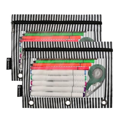 Gredecor 3 Ring Binder Pencil Pouch, Black and White Line Zippered Pen Case Pouches with Clear Window, 2 Pack Stylish Office & School Supplie - color: Black and White Line