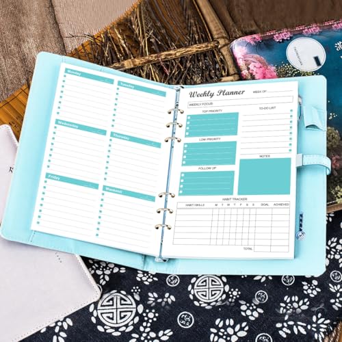 6-Hole Weekly Planner Refills for A5 Binders - 53 Sheets/106 Pages Undated Weekly Planner, 100 gsm White Paper, Lasts 1 Year, Undated, 5.8" x 8.3", Teal - size: 1-Pack, style: 6-Hole
