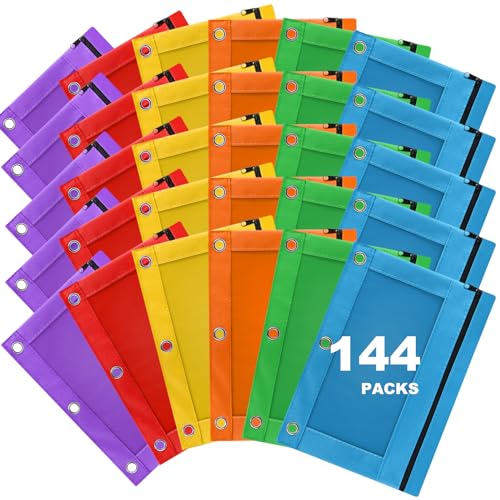 Pencil Pouch for 3 Ring Binder, 144 Pack Bulk Pencil Bags with Zipper, 6 Colored Pencil Case for Classroom School Office Supplies, Large Sturdy and Durable Cloth Pencil Pocket for 3 Holder Binder