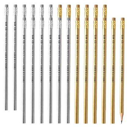 M&G Gleam Series 24 Pack HB Triangular Wood-Cased Pencils, Unsharpened with Matching Erasers, Smooth Writing Break-Resistant Core, Gold and Silver Solid Barrels for School Office Classroom Supplies - style: GLEAM