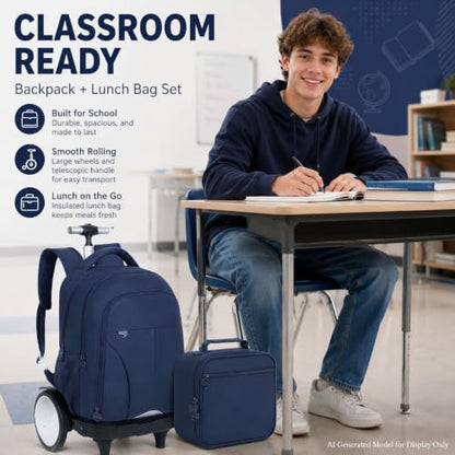 AGSDON Quiet Glide Rolling Backpack with Lunch Box Set - Large Wheel Water-Resistant Wheeled Bag for Business, Travel, and College | Navy Blue 3-in-1 Organizer Backpack - color: Reflective Blue - Rolling Backpack