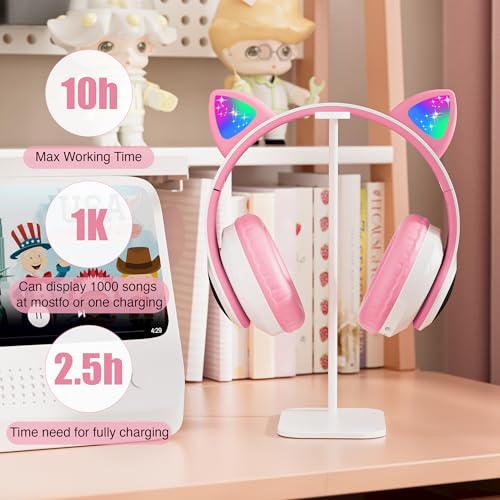 Bluetooth Noise Cancelling Headphones for Kids,Foldable Cat Headphone with LED Light Up Ear,Cat Ear Headphones for Toddler with Microphone/TF Card,Kids Bluetooth Earphones for ipad - color: Pink