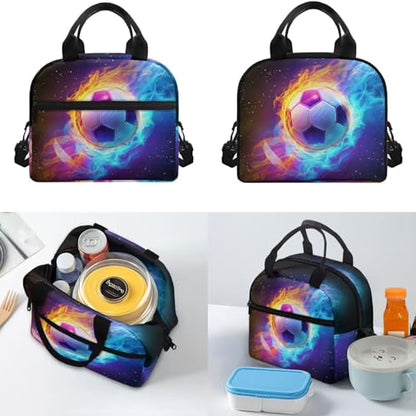 Flaming Soccer Backpack for Boys Girls 4-18 Kids Backpack with Lunch Box and Aesthetic Pencil Case 4 in 1 Set Bookbag for Elementary Kindergarten Large Capacity School Bag with Compartments - color: Flame Soccer