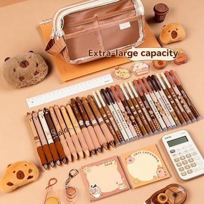 Large Capacity Clear Pencil Case, Waterproof Multi-Layer Pencil Pouch with Capybara Plush and Stickers,Office Supplies Desk Organizer, Big Pen Case for Adults, Cosmetic Bag Travel Stationery Holder