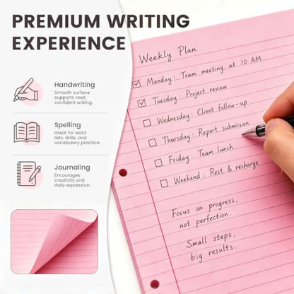 HIBOX Loose Leaf Paper Wide Ruled, 100 Sheets 8"x10.5" 3-Hole Punch, Pink | Anti-Bleed, 11/32" Spacing, Filler Paper for Binders, College, Office, School Supplies, Back to School & Classroom Must Haves - color: pink