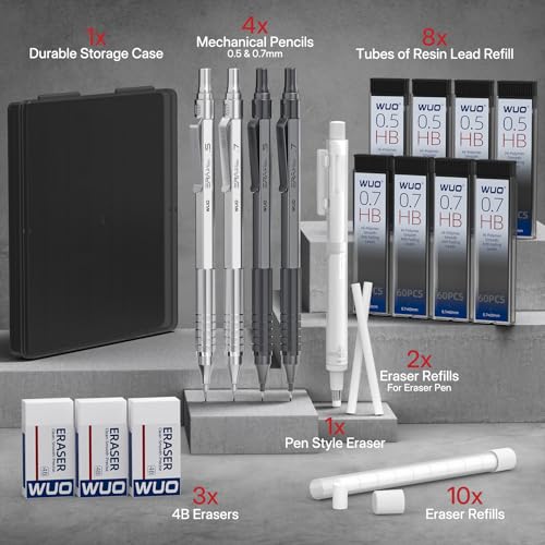 WUO Mechanical Pencils Set, 4-Pack 0.5mm & 0.7mm Metal Drafting Pencils with 480 HB Lead Refills, Precision Eraser Pen, 4B Erasers & Case for Writing, Drawing, Sketching & School, Silver&Grey - color: Silver+Grey