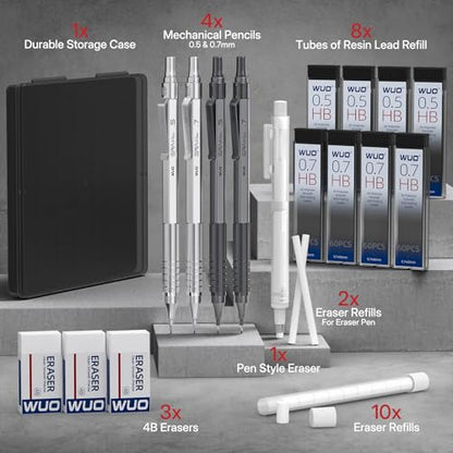WUO Mechanical Pencils Set, 4-Pack 0.5mm & 0.7mm Metal Drafting Pencils with 480 HB Lead Refills, Precision Eraser Pen, 4B Erasers & Case for Writing, Drawing, Sketching & School, Silver&Grey - color: Silver+Grey