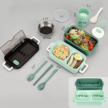 2-Tier Bento Lunch Box for Women & Adults with Insulated Lunch Bag | 50 OZ Large Capacity Bento Box with BPA-Free Utensils & Cup & Sauce Container, Leakproof, Microwave Safe for Work & Meal Prep - color: Green